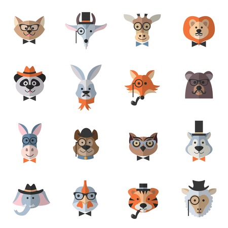 Animal hipster set with flat chicken owl cat with fashion accessories isolated vector illustrationのイラスト素材