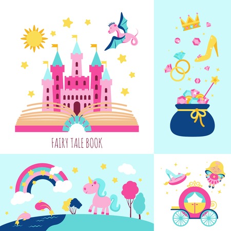 Fairy tale book concept with magic fantasy cartoon characters icons set isolated vector illustrationのイラスト素材
