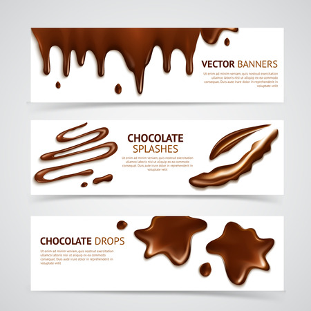 Shiny smooth delicious dark premium chocolate splashes and mouth watering drops banners set realistic isolated vector illustrationのイラスト素材