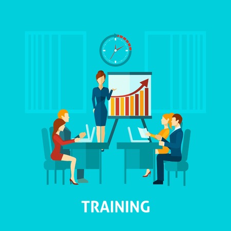 Business training flat icon with businessmen in office and speaker making presentation vector illustrationのイラスト素材