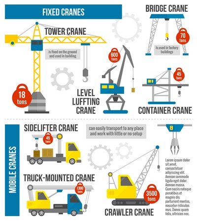 Lifting equipment infographics set with cranes and heavy machinery symbols vector illustrationのイラスト素材