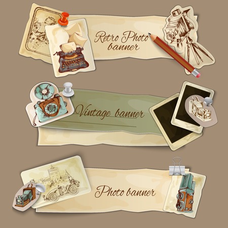Paper photo banners set with retro photography camera and cards isolated vector illustrationのイラスト素材