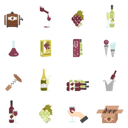Wine icon flat set with barrel corkscrew grape isolated vector illustrationのイラスト素材
