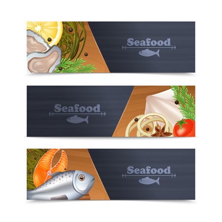 Seafood restaurant menu horizontal banner set with fish and spices isolated vector illustrationのイラスト素材