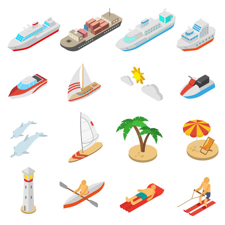 Ships yachts boats and beach vacation isometric icons set isolated vector illustrationのイラスト素材