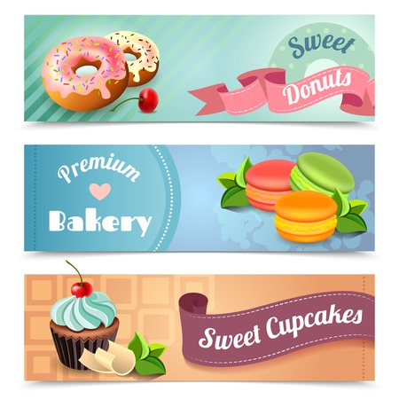 Bakery horizontal banners set with sweet donuts and cupcakes elements isolated vector illustrationのイラスト素材