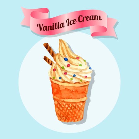 Delicious vanilla flavored whipped colorful sprinkled ice cream in waffle cone cup watercolor sketch abstract vector illustrationのイラスト素材