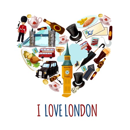 London touristic poster with cartoon tourist landmarks in heart shape vector illustrationのイラスト素材