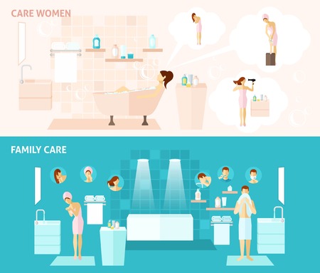 Woman and family hygiene and care flat horizontal banners set vector illustrationのイラスト素材