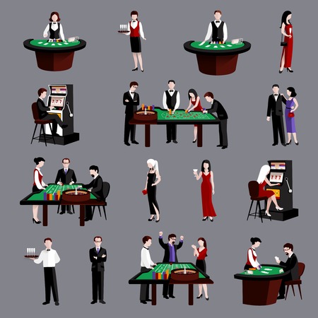 Young attractive people in casino gambling flat icons set isolated vector illustrationのイラスト素材