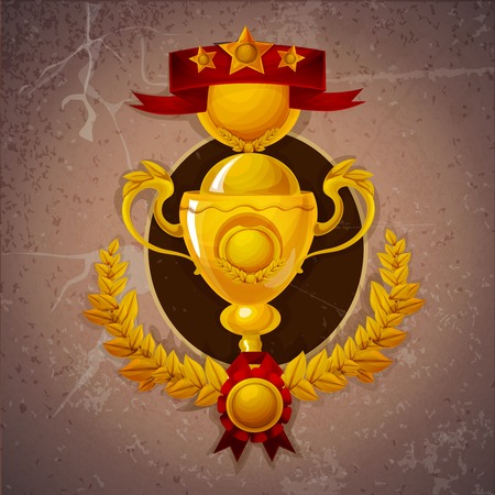 Golden trophy cup with winner ribbon and laurel wreath on marble background vector illustrationのイラスト素材