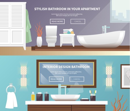 Bathroom furniture horizontal banner set with stylish apartment interior flat elements isolated vector illustrationのイラスト素材