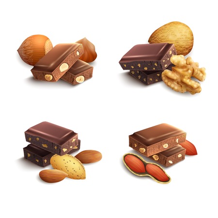 Dark and milk chocolate with nuts realistic set isolated vector illustrationのイラスト素材