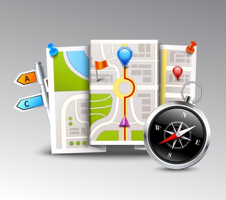 Navigation realistic background with compass map and distance points vector illustrationのイラスト素材