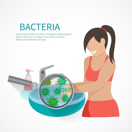 Hygiene concept with woman washing hands and bacteria icons flat vector illustrationのイラスト素材