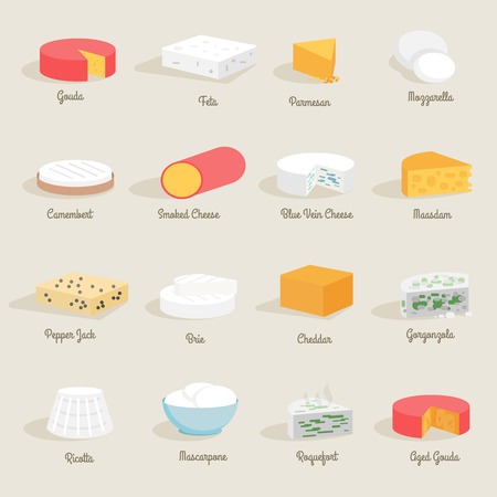 Delicious fresh cheese variety icon flat set isolated vector illustrationのイラスト素材