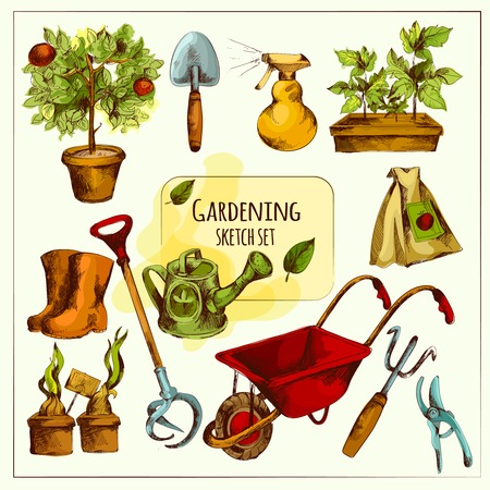 Gardening tools sketch set colored with shovel spray rubber boots isolated vector illustrationのイラスト素材