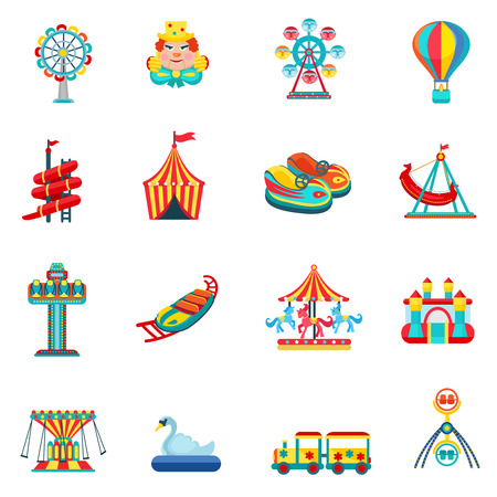 Amusement park for children with attractions and fun icons set flat isolated vector illustrationのイラスト素材