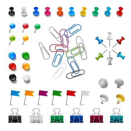 Realistic pushpins and colorful paper clips  set isolated vector illustrationのイラスト素材