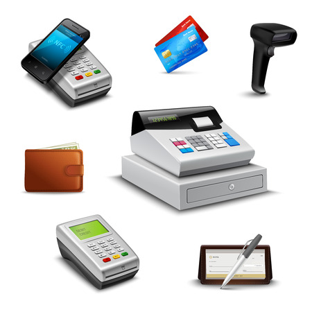 Realistic payment set with cheque wallet barcode reader isolated vector illustrationのイラスト素材