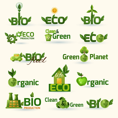 Green ecology and bio text with leafs badges set isolated vector illustrationのイラスト素材