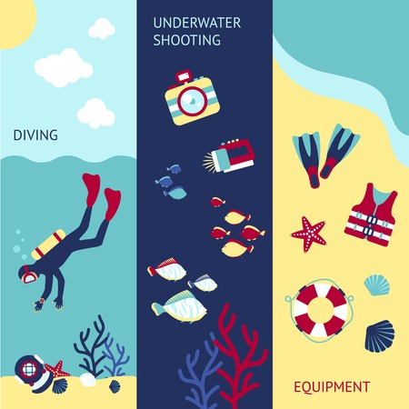 Diving vertical banner set with underwater shooting equipment elements isolated vector illustrationのイラスト素材