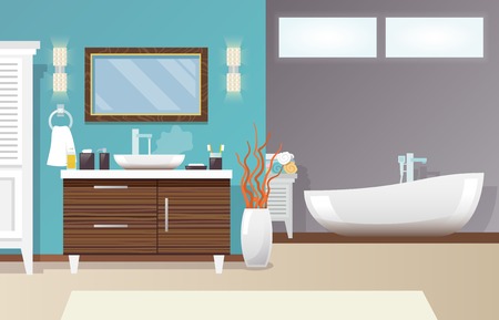 Modern bathroom interior with furniture and hygiene accessories flat vector illustrationのイラスト素材