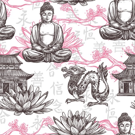 Asian seamless pattern with sketch pagoda building lotus flower dragon vector illustrationのイラスト素材