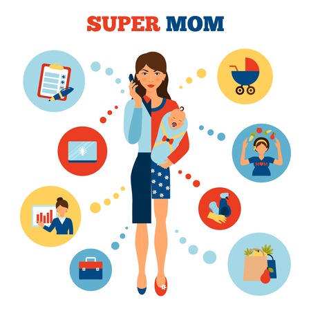 Businesswoman mother concept with flat woman divided in business and parent parts vector illustrationのイラスト素材