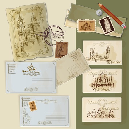 Hand drawn vintage postcards set with world landmarks scrapbooking template vector illustrationのイラスト素材