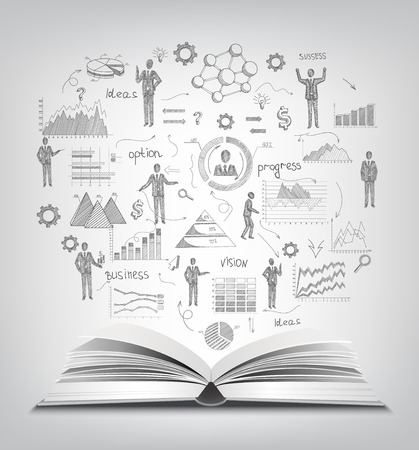 Business concept with realistic open book and sketch businessmen and charts vector illustrationのイラスト素材