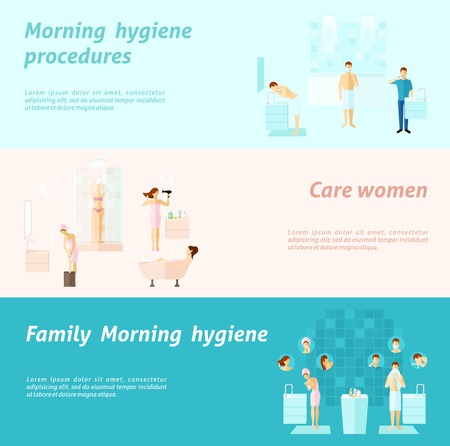 Morning personal and family hygiene and woman care flat horizontal banners set isolated vector illustrationのイラスト素材