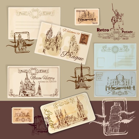 Vintage postcards template set with hand drawn landmarks and stamps vector illustrationのイラスト素材