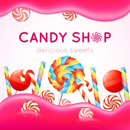 Candy shop poster with multicolored candies on white and pink background vector illustrationのイラスト素材