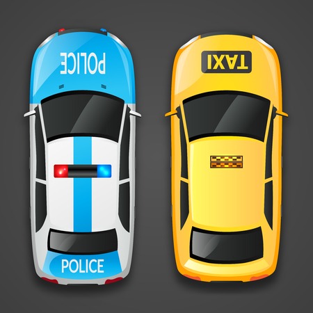 Police auto and taxi car decorative icons set isolated on dark background vector illustrationのイラスト素材
