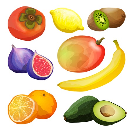 Exotic fruits decorative icons set with avocado kiwi lemon mango banana isolated vector illustrationのイラスト素材