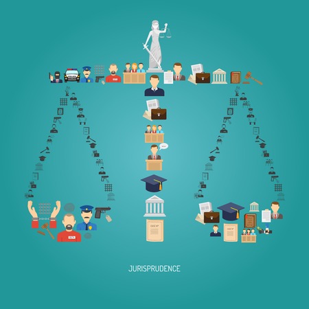 Justice concept with law icons in scales shape flat vector illustrationのイラスト素材
