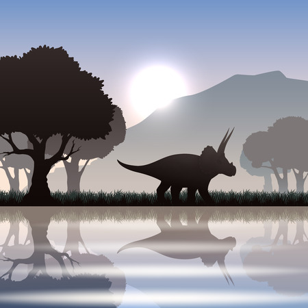 Triceratops dinosaur silhouette in scenic landscape with lake mountain and giant trees vector illustrationのイラスト素材