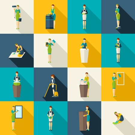 Cleaners in work with tools and equipment color with shadows flat icons set isolated vector illustrationのイラスト素材