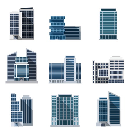 Office buildings and business centers flat icons set isolated vector illustration Office buildings and business centers flat icons set isolated vector illustration