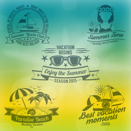 Summer and holidays with seaside sun and yachts background composition flat vector illustrationのイラスト素材