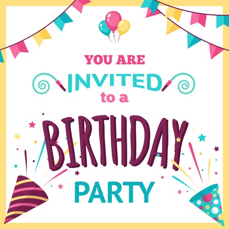 Birthday party invitation template with holiday decoration elements vector illustrationのイラスト素材