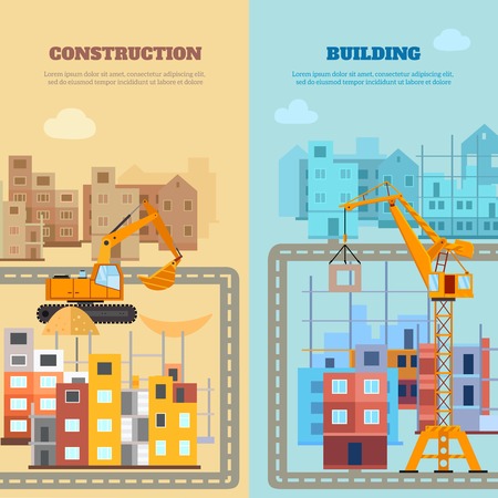 Construction and building vertical banner set with flat houses and machines isolated vector illustrationのイラスト素材