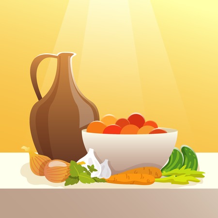 Vegetables and pitcher on table still life flat vector illustrationのイラスト素材