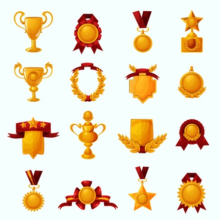 Golden award cups and champion shields with ribbons cartoon icons set isolated vector illustrationのイラスト素材