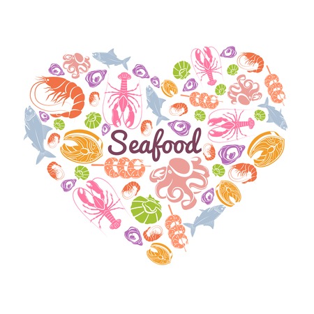 Love seafood concept with fish and sea animals in heart shape vector illustrationのイラスト素材