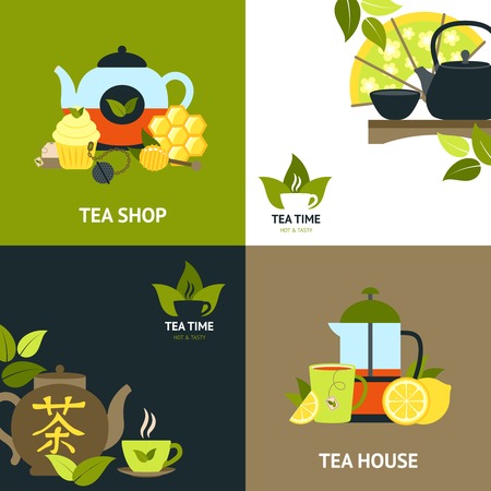 Tea design concept set with hot drink flat icons isolated vector illustrationのイラスト素材