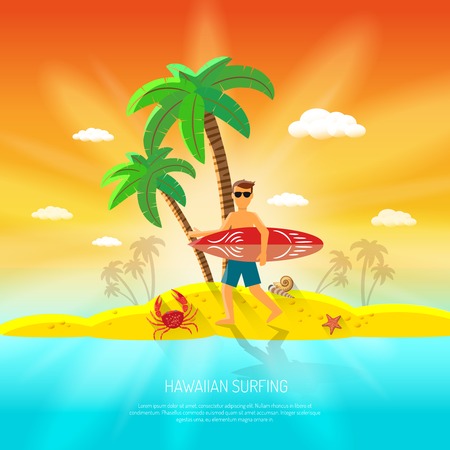 Surfing beach concept with surfer with board and palm on background flat vector illustrationのイラスト素材