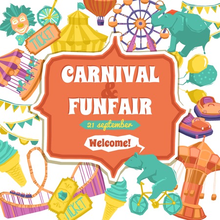 Fun fair traveling circus and carnival promo poster vector illustrationのイラスト素材