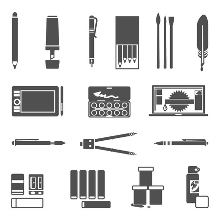 Drawing and painter tools flat silhouette icon set isolated vector illustrationのイラスト素材